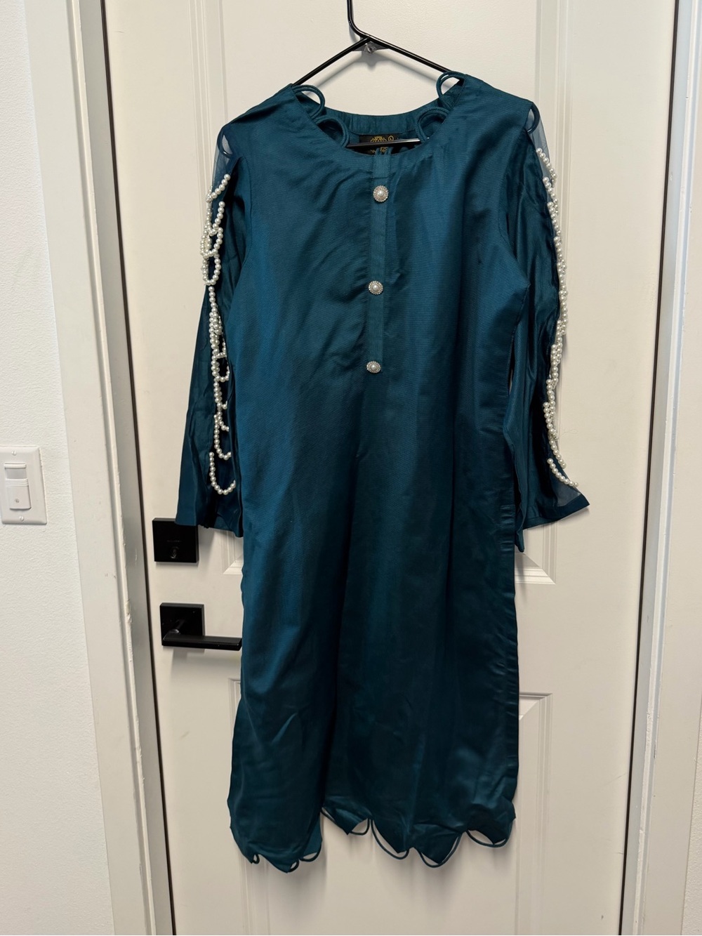 Teal Pakistani 3 Piece Suit Pearl Sleeve Kameez Trousers Dupatta Size L